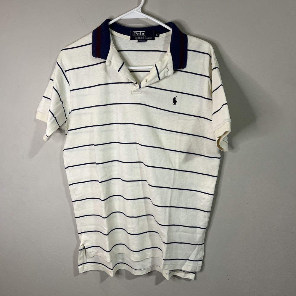 Polo Ralph‎ Lauren Men's White L Short Sleeve Black Striped 100% Cotton Shirt